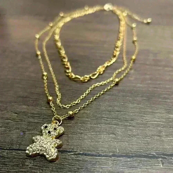 Gold Tone Three Strand Crystal Studded Teddy Bear Pendant Necklace - Picture 1 of 2